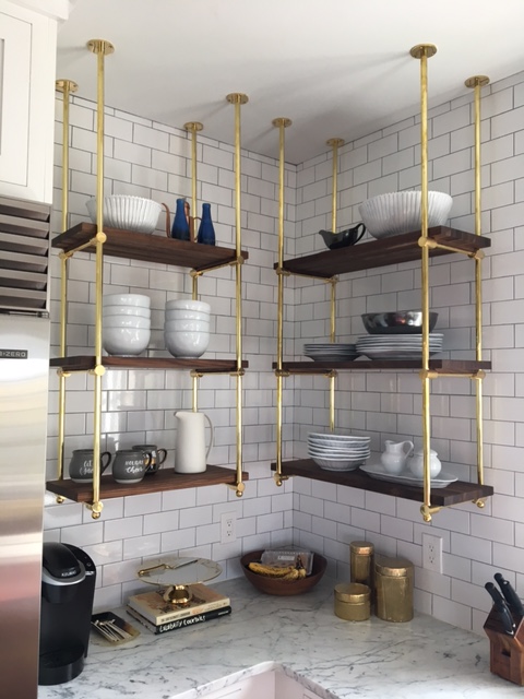 Brass kitchen shelves